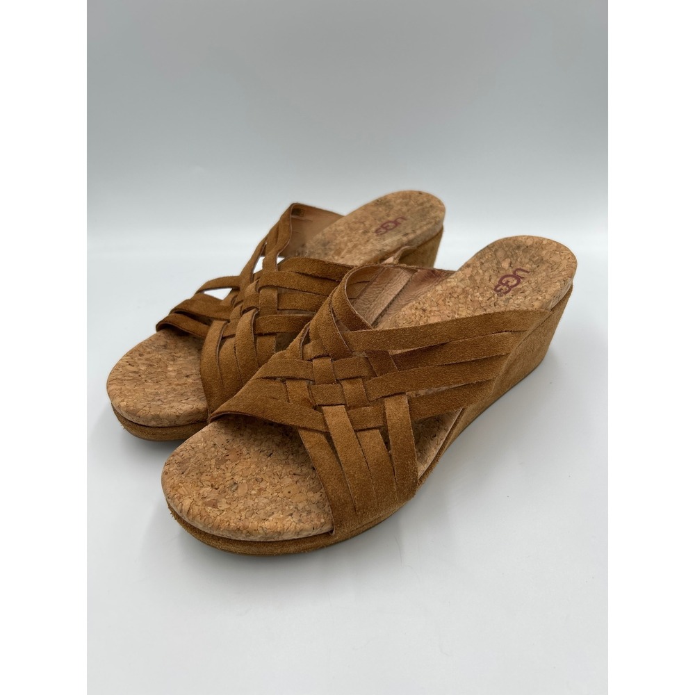 UGG Jass Chestnut Suede Woven Cork Wedge Sandals Womens Size 10 Brown Slide